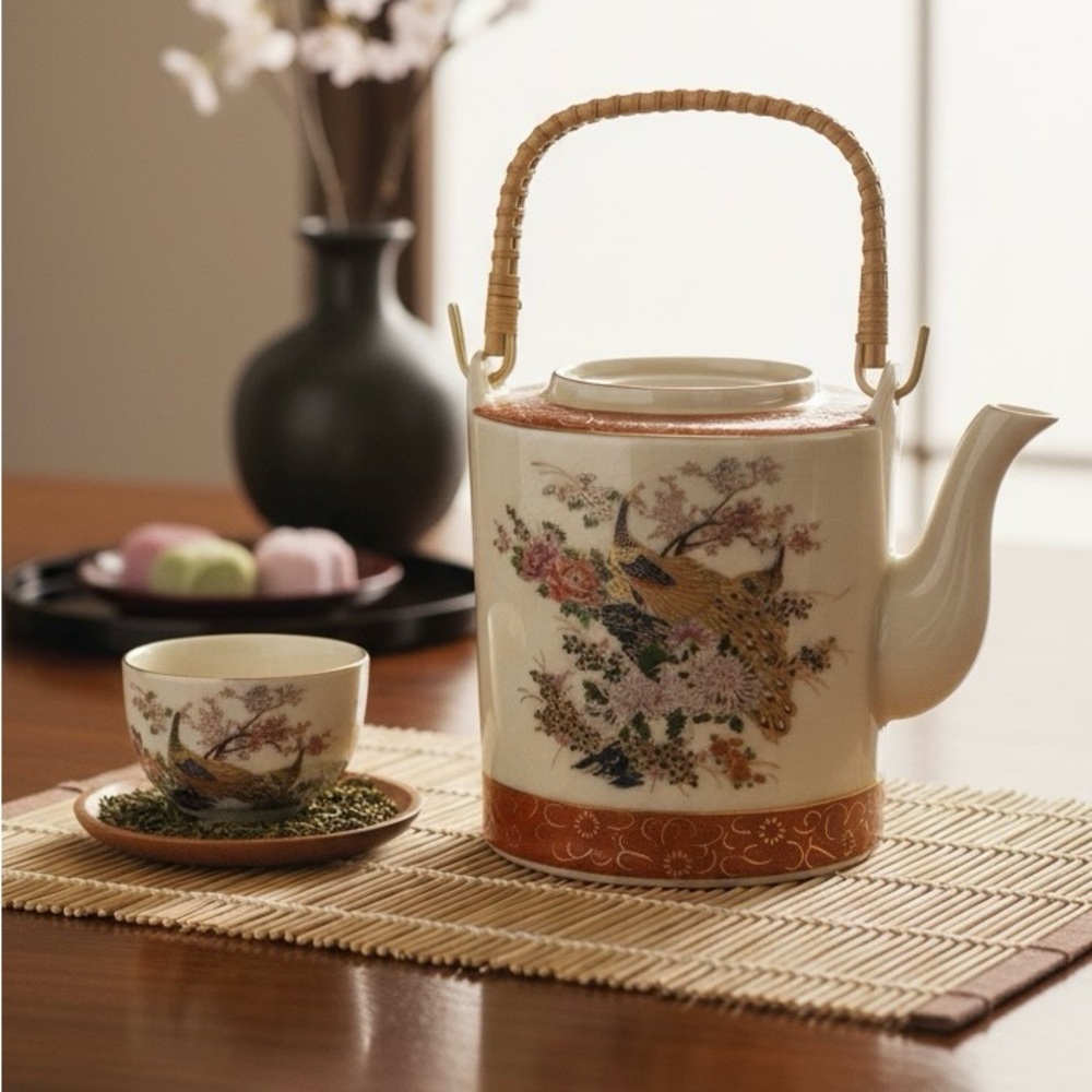 Vintage Japanese satsuma teapot with bamboo handle crackle glaze peacock